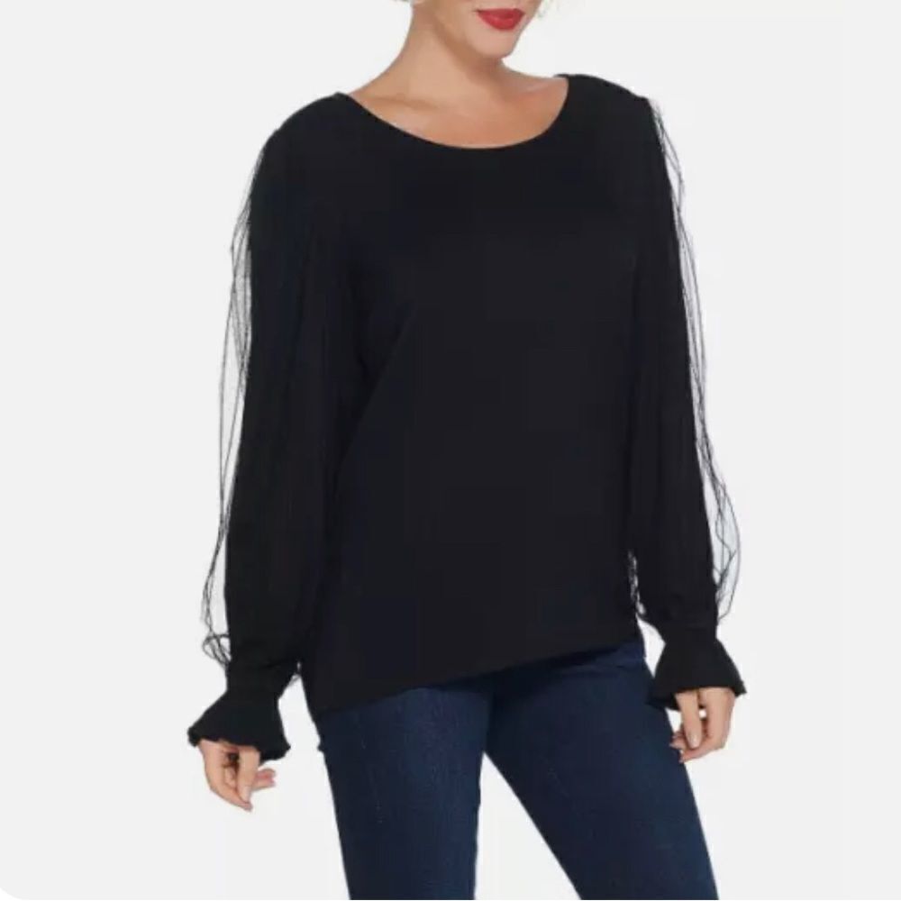 Du Jour Scoop-Neck Knit Top with Mesh Sleeves